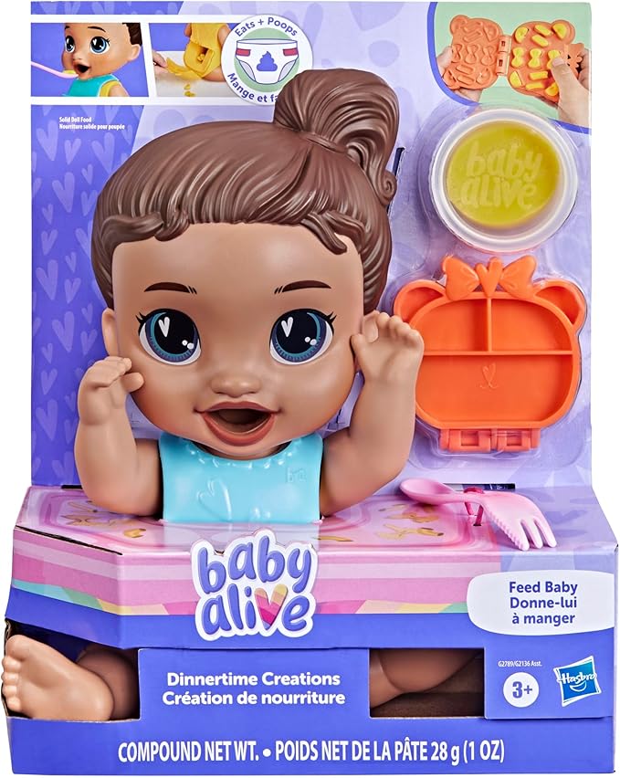 Baby Alive Dinnertime Creations, Brown Hair Doll with Play Food Accessories, 11 inches, Toys for 3+ Year Old Girls and Boys