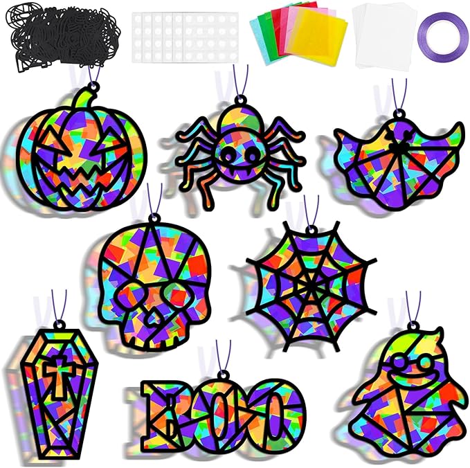 32 Sets Halloween Suncatchers Craft Kit DIY Window Stained Glass Effect Ghost Spider Skull Pumpkin Paper Crafts Home School Classroom Decoration Kid Birthday Gift Creative Art Project Activity Game