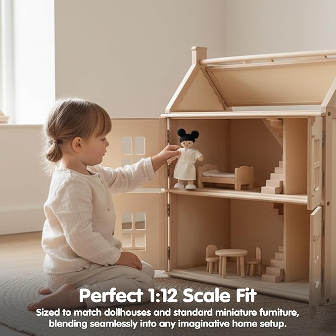 PlanToys® Girl Wooden Dollhouse Figurine | Poseable 1:12 Scale Mini Doll (4 Inch) | Dollhouse Accessories for Pretend Play | Eco-Friendly Montessori Toy for Kids Ages 3+