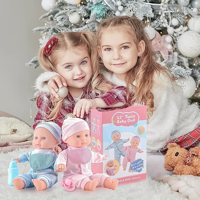 Toy Choi's Twin Baby Dolls 12 inch Soft Body 2 Dolls Playset with Rompers, Hat, Pacifier and Doll Bibs, Gifts for 1 2 3 4 5 Year Old Boys Girls, Toddlers and Kids