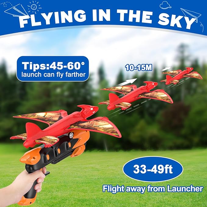 3 Pack Dinosaur Airplane Launcher Toys,Flying Toys for 3 4 5 6 7 8 9 10 Year Old Boys,Kids Toys 5 6 7 8 9 10 12 Year Old Boy Gift Ideas,Airplane B-Day Party Supplies, Green,Orange,red