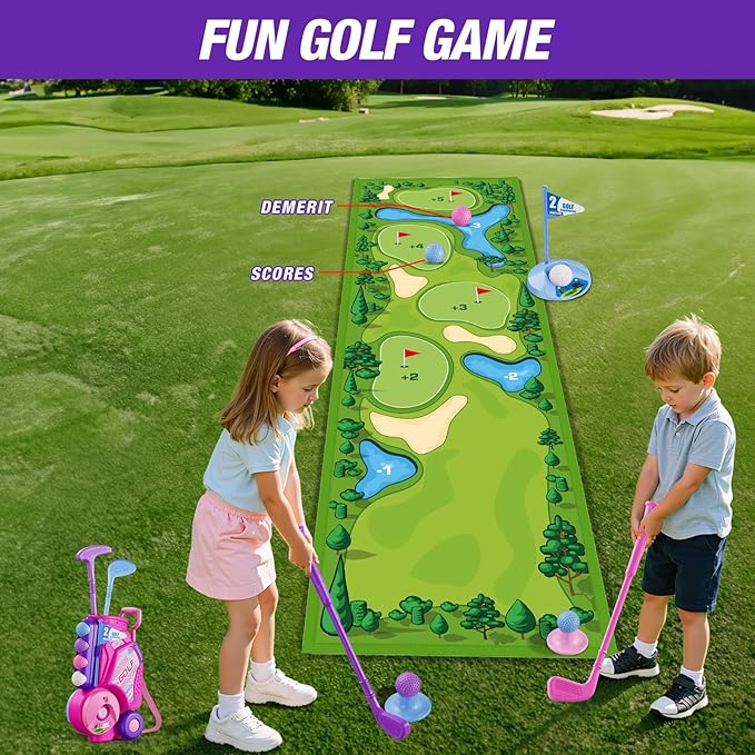 Toddler Golf Set 2-4 Years, Kids Golf Club with 8 Balls, 4 Plastic Clubs, Putting Mat, Scoreboard, Storage Bag, Indoor Outdoor Game with Golf Cart Sport Toy Gift for Baby Boys Girls Age 3-5, Pink