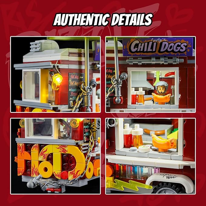 FUNWHOLE Chili Dog Trailer Lighting Building Bricks Set - Street Fusion City Town Hot Food Truck with LED Light Display Kit 515 Pcs for Adults & Teens & Street Cultrue Lovers