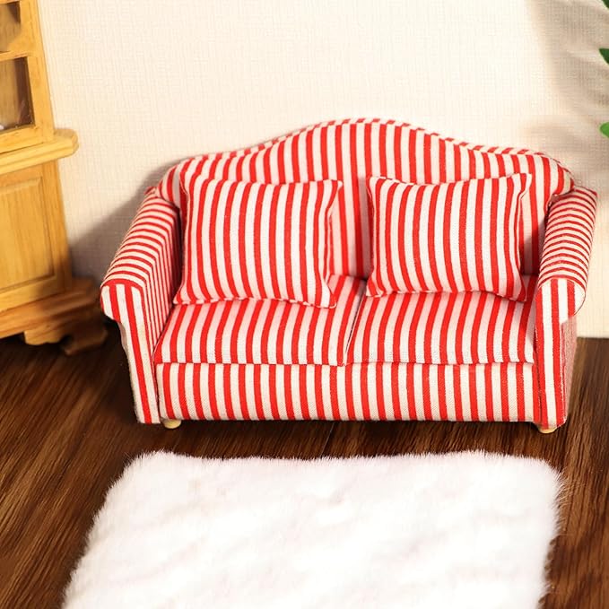 Dollhouse Couch Miniature Sofa with Pillows Dollhouse Living Room Funiture 1:12 Scale Model 3 Pcs High Simulation Upholstered Wooden Fabric Armchair Mini Room Artificial House Scene Decoration (Strip)