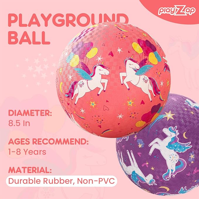 PlayZap 2 Pack Playground Balls for Toddlers, Unicorn Kickballs for Kids 3-12, 8.5" Rubber Bouncy Balls with Pump, Indoor & Outdoor Dodgeball Toys for Boys & Girls Gifts