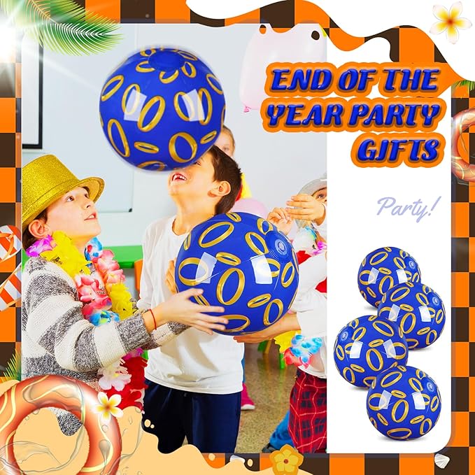 Leyndo 4 Pack Blue and Golden Rings Themed Beach Ball for Kids 11.81" Bulk for Summer Pool and Beach Game Gifts and Birthday Party Supplies and End of The Year Class Party Decoration Favors