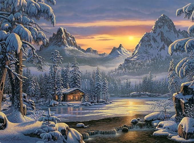 Buffalo Games – Kim Norlien - Evening On Mountain Lake - 1000 Piece Christmas Jigsaw Puzzle - Festive, Holiday Puzzles for Adults – Precision-Cut Pieces, Winter Artwork, Relaxing Fun