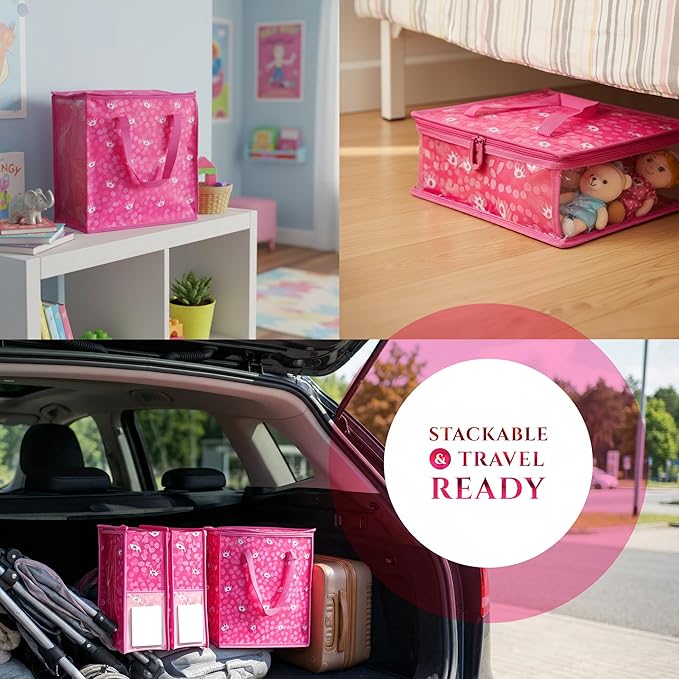 Primo Lines Doll Clothes & Accessories Storage Organizer – 3 Pink Stackable Bags with Adjustable Dividers, 100 Resealable Pouches for Doll Outfits, Shoes & Small Accessories, Waterproof & Travel-Ready