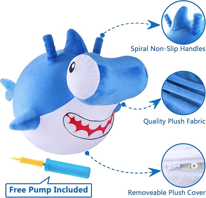 iPlay, iLearn Bouncy Pals Kid Shark Bouncy Balls, Toddler Hammer Head Shark Bouncing Ball W/Handle, Outside Ride Hopper Toy, Outdoor Active Hopping Jumper, Birthday Gift 2 3 4 5 6 Year Old Boy Girl