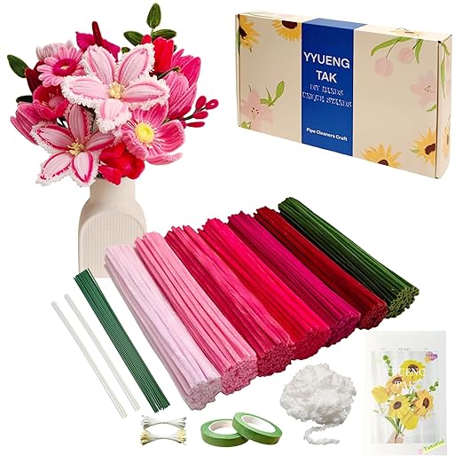 350 Pcs Red & Pink Pipe Cleaners Flower kit with tutoria,Fluffy Yarn,Green Floral Wires,Gardening Tape,Stamen，Pipe Cleaners Craft,Chenille Stems for DIY Art Projects Creative Gift Decor