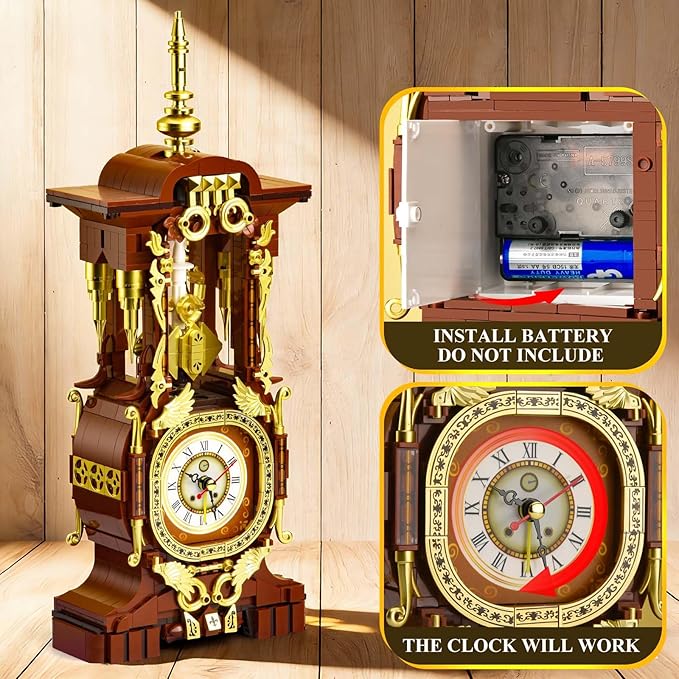Retro Clock Building Set for Adults, Vintage Pendulum Model with Rotating Gears, Mechanical Building Blocks Toy, Gift for Boys and Girls 8+(879PCS)