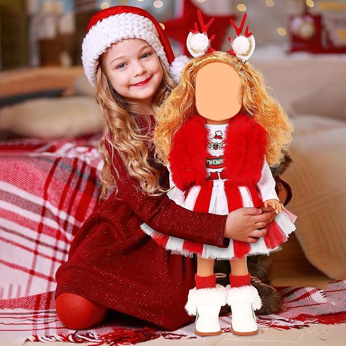 UPINS Christmas 18 Inches Doll Clothes and Accessories Winter Doll Outfits Set Christmas Deer Costume Includes Tutu Dress T-Shirt Shoes Hairpin Socks for 18 Inch Doll Girls Gifts