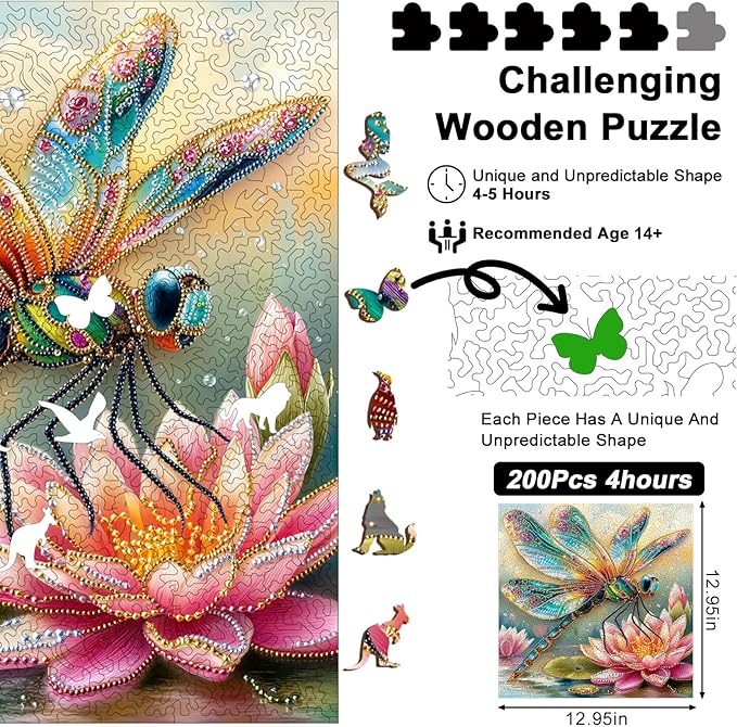 Wooden Puzzles for Adults, 210 Pieces Unique Dragonfly & Lotus Pattern Wooden Jigsaw Puzzle, Sparkling 3D Decorative Wood Puzzle, Easter Gift for Mom, for Adult Puzzle Lovers