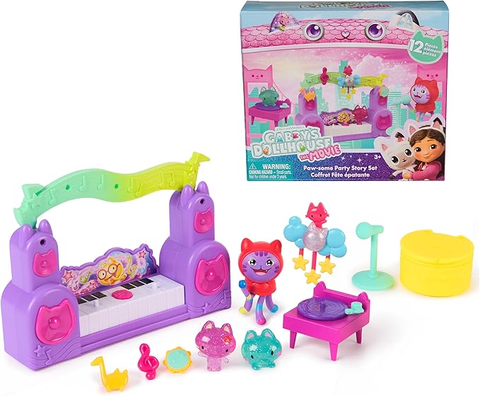 DreamWorks GABBY'S Dollhouse The Movie, Paw-Some Party Story Set with DJ Catnip, 2 Eraser Cat Toy Figures & Accessories, Kids Toys for Girls & Boys Ages 3 and Up