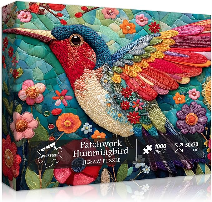 Hummingbird Puzzles for Adults 1000 Pieces, Bird Flower Garden Patchwork Art Quilt Puzzle, Beautiful Spring Floral Difficult Hard Jigsaw Puzzles with Animals, Colorful Challenging for Adults