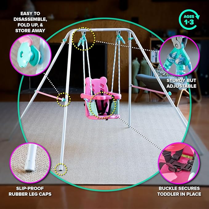 Sportspower FNS-003 My 1st Toddler Swing: Heavy-Duty Baby Indoor/Outdoor Swing Set with Safety Harness, Capacity - up to 50 lbs, Pink/Pale Green