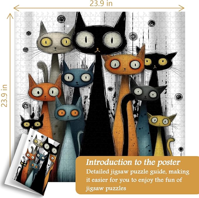 Whimsy Cats Jigsaw Puzzle 1000 Pieces, Funny Cat Puzzles for Adults Abstract Art, Larkipuzz Hard Difficult Cute Animals Theme as Art Decor