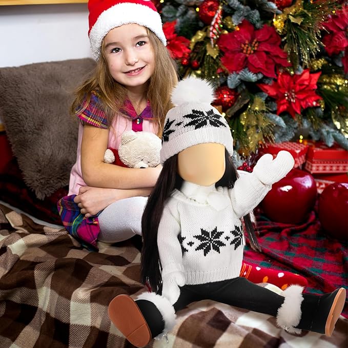 Bencailor 6 Pcs 18 Inch Christmas Doll Clothes and Accessories Winter Outfits Set Sweaters Trousers Hats Shoes Gloves for 18 Inch Doll Gifts(White)