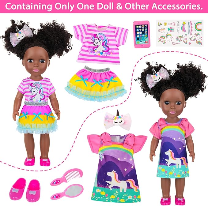 Ecore Fun 14 Inch Black Doll with Black Baby Doll Clothes Accessories – Including Dress, Top, Skirt, Shoes, Comb, Mirror, Hairclip, Phone & Stickers - African Realistic Silicone Girl Dolls for Girls