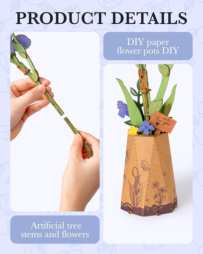 ROBOTIME Purple Iris 3D Wooden Puzzle - DIY Flower Craft Kit for Adults, Artificial Iris Model to Build, Valentine's Day Gift, Home Decor, Birthday Present