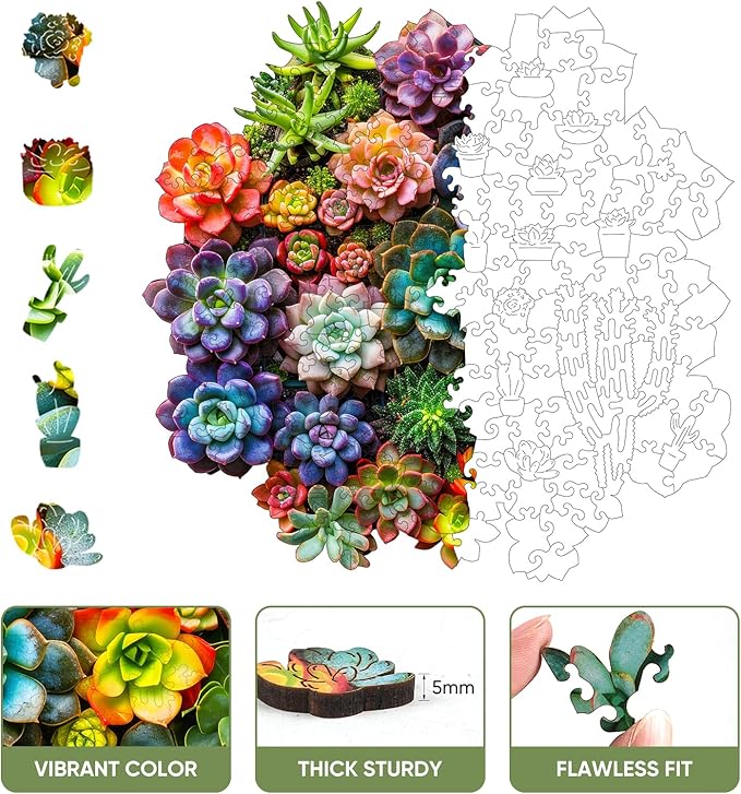 delobi Succulent Plants Wooden Puzzles, 200 Pieces Jigsaw Puzzles 11.2'' x11'', Unique Design Wooden Puzzles for Adults and Kids, Family Game Gift Medium Size