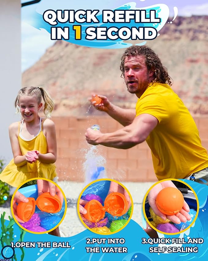 Reusable Water Balloons - Quick Fill Water Balls Toys For Toddler Age 4-8 - Refillable Self-Sealing Water Splash Bomb For Summer Party Pool Outdoor Beach Toys (8-pack-new)