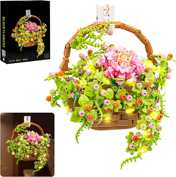 Flower Bouquet Building Set, Flowers Basket Bonsai Plants with Light, Botanical Collection Wall Decor, Creative Building Toy Gift for Adults (691 PCS)