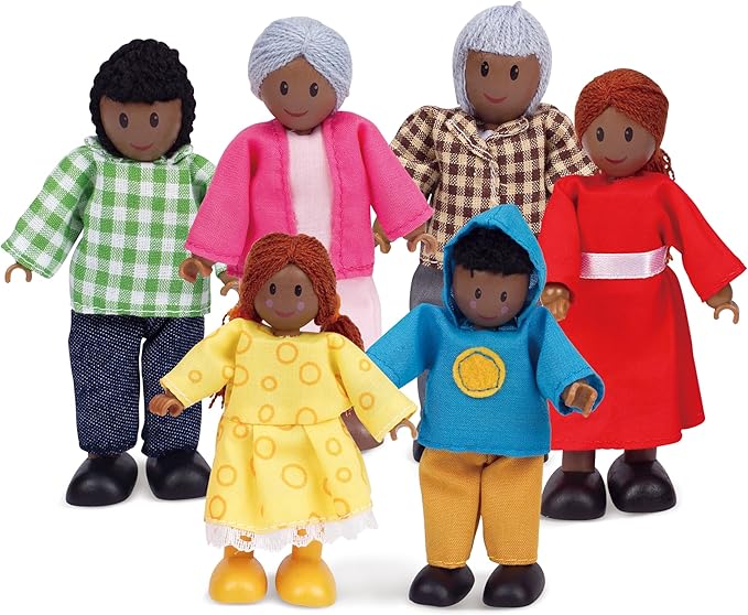 Hape African American Wooden Doll House Family| Dollhouse People Set of 6 Action Figure Set| Wire Adults: 4.3" H; Kids: 3.5" H