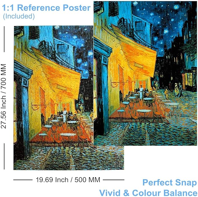 Anguis 1000 Piece Jigsaw Puzzle for Adults - Cafe Terrace at Night by Vincent Van Gogh - 27.56 x 19.69 Inch - Premium Linen, Cardboard, Portable, Educational