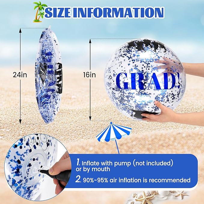 Forwe Graduation Inflatable Beach Balls, 16 Inc Confetti Glitter Beach Pool Ball Blow up Balloon Toys for Class of 2026 Swimming Pool Graduation Party Decorations