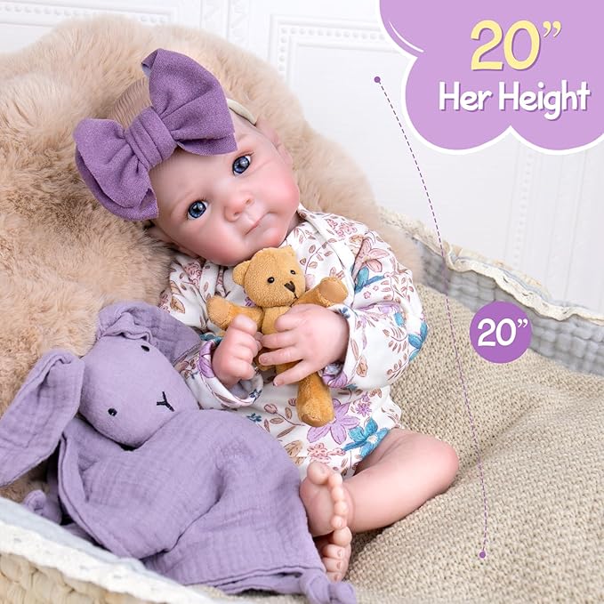 Aori Reborn Baby Dolls Lifelike 20 Inches - Realistic Newborn Girl Dolls with Feeding Toy Kit That Look Real, Nice Companion Gift Set for Kids, Grand-Parents