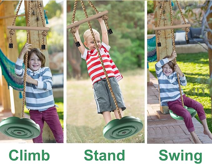 KINSPORY Disc Swing for Kids, Swing Set Accessories, 7FT Height Adjustable Gym Monkey Bars, Hanging Tree Seat for Backyard, Outdoor Play Equipment - Green