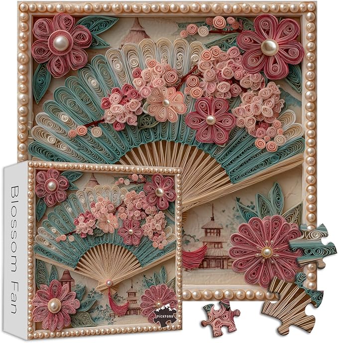 PICKFORU Blossom Fan 1000 Piece Puzzle for Adults, Japanese Cherry Blossoms Jigsaw Puzzle, Vintage Impossible Difficult Flower Pearls Puzzles