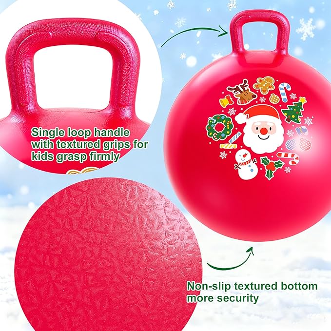 ZOOJOY Hopper Ball for Girls & Boys 3-8 with Free Hair Clips, Santa Claus Red 18in Bouncy Ball with Handle for Kids, Christmas Hopping Toys Indoor and Outdoor Play Includes Pump