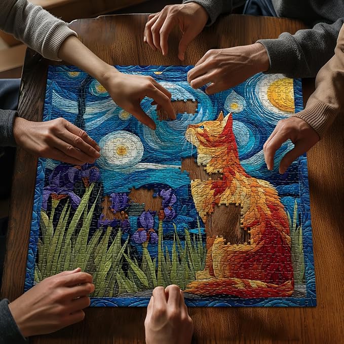 Cat Puzzles for Adults 1000 Pieces, PICKFORU Starry Night Animal Kitten Puzzle, Van Gogh Plant Flower Kitty Challenge Jigsaw Puzzle Scenic