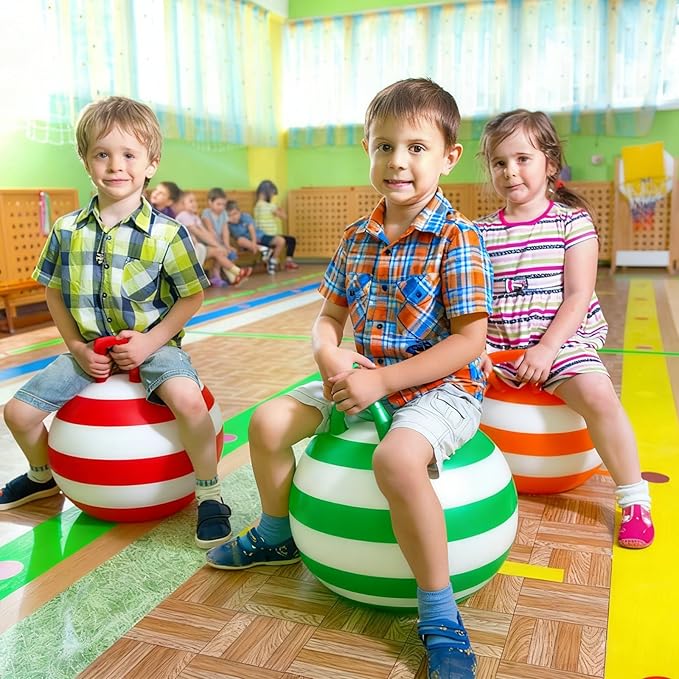 Jerify 6 Pcs 18 Inch Hopper Balls Hopping Jumping Outdoor Bouncy Ball with Handles Carnival Outdoor Games Inflatable Striped Bouncing Ball Ride on Toys for Indoor Sports Exercise