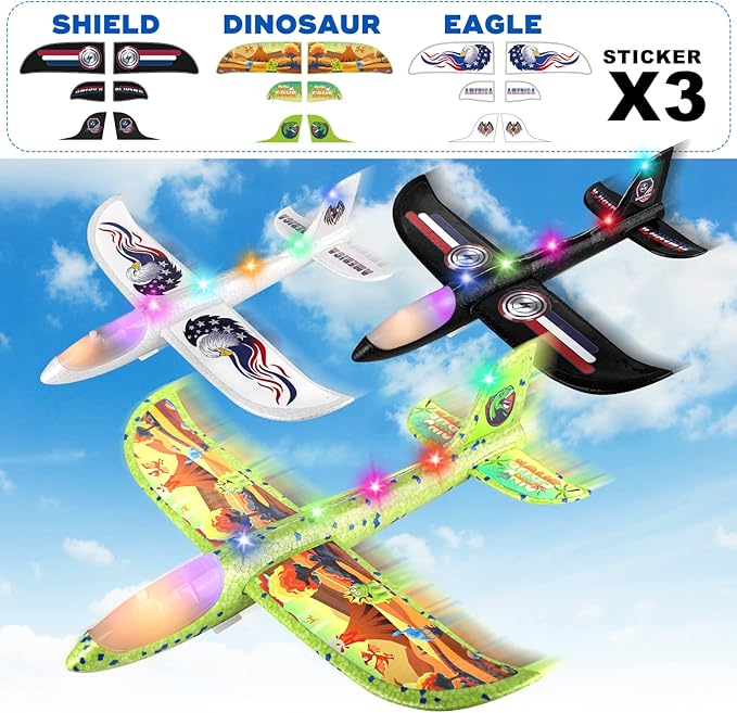 3 Pack Airplane Launcher Toy, 12.6" Foam 2 Flight Mode Led Plane Catapult Boy Toys with 3 DIY Stickers, Outdoor Flying Toys for Kids Gifts for 4 5 6 7 8 9 10 12 Year Old Boys Girls