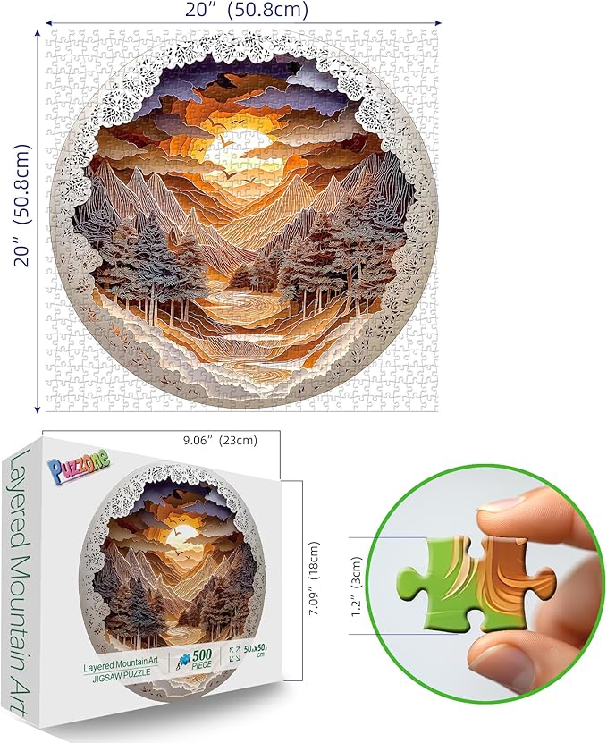 Mountain Sunset Landscape 500 Piece Jigsaw Puzzles for Adults Layered Paper Art Forest River Nature Scene Puzzle with Letters on Back Fun Seniors Wall Art Family Puzzle(20"X20")