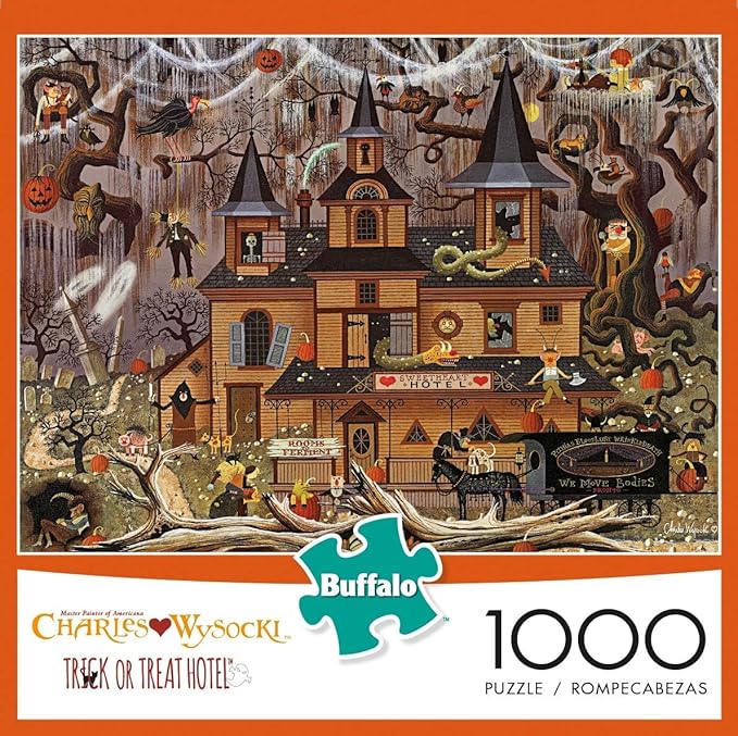 Buffalo Games - Charles Wysocki - Trick or Treat Hotel - 1000 Piece Halloween Puzzle - Colorful and High-Quality Fall Puzzles for Adults – Spooky Autumn Artwork, and Hours of Relaxing Seasonal Fun