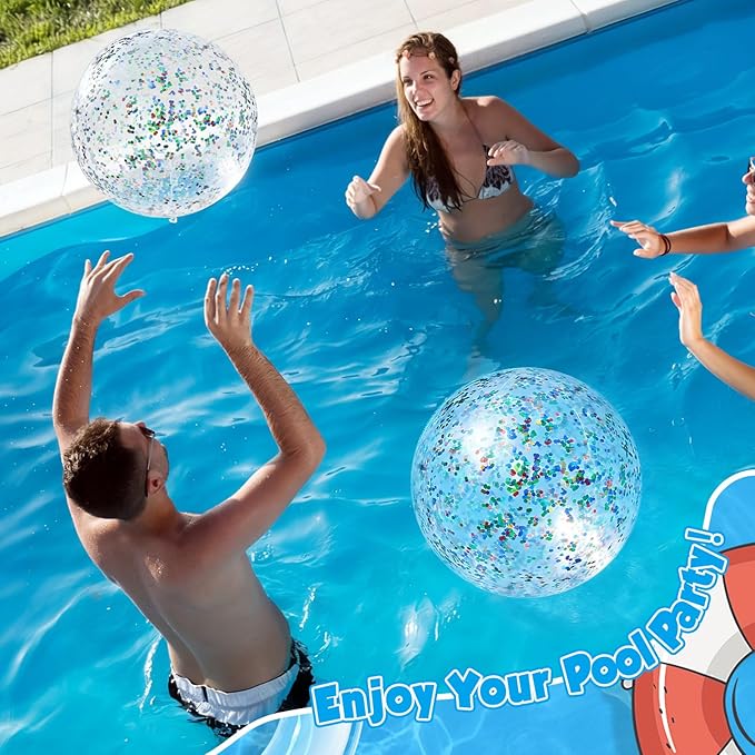 12 Pack Colorful Glitter Beach Balls 16" Large Inflatable Sparkly Confetti Pool Balls Glitter Pool Toys PVC Jumbo Sport Ball for Birthday Hawaiian Wedding Christmas Happy New Year Party Favor