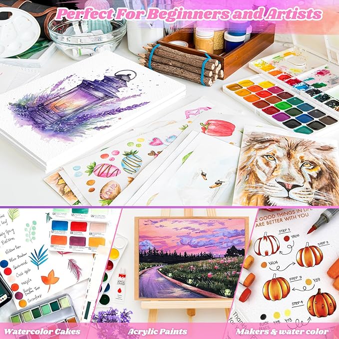 128 Sheets Watercolor Paper, Stocking Stuffers, 8.5"x11" Cold Press Water Color Paper Bulk, 140lb/300gsm Artist Sketch Easel Acrylic Painting Drawing Supplies for Watercolors, Watercolor Paint Set