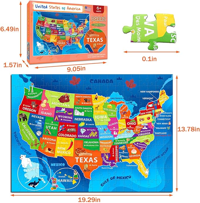 United States Map Puzzle for Kids Ages 6-8 8-10 10-12 - 200 Piece Floor Jigsaw with Poster - Educational USA Geography Jigsaw with 50 States & Capitals - Large Map Puzzle STEM Gift for Boys and Girls