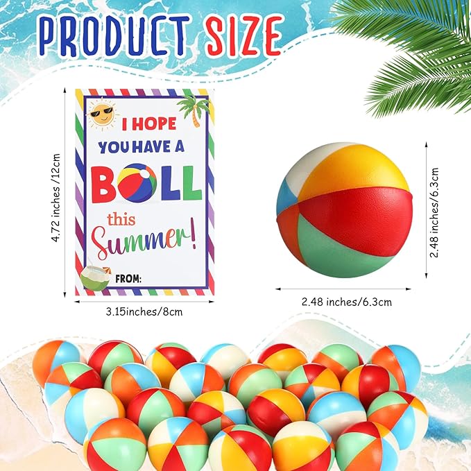 24 Sets End of Year Student Gift Small Beach Stress Balls 2.5 Inch Mini Relief Stress Swimming Pool Ball with Have a Ball Gift Card for Classroom Prizes Summer Holiday Party (Bright Color)