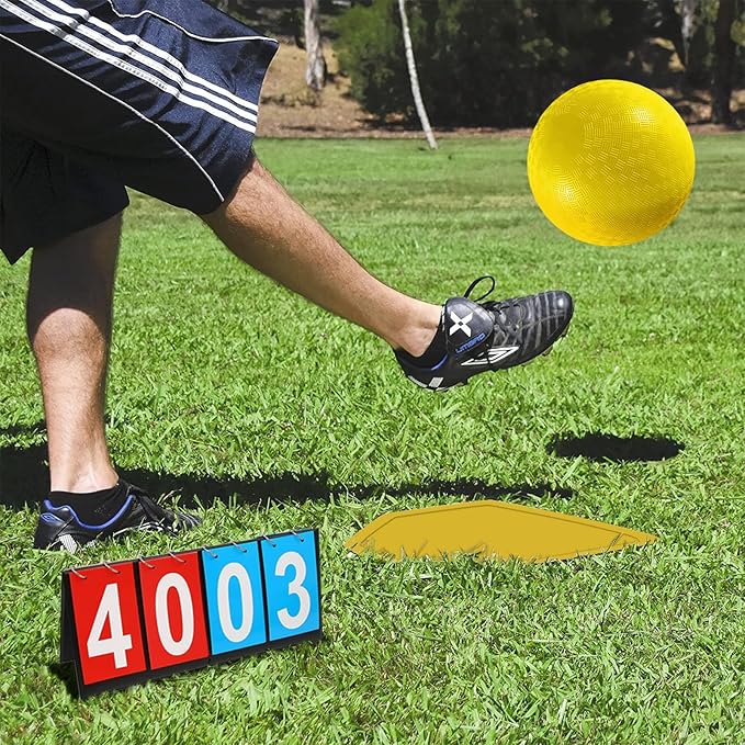 Kickball Set with Bases and Ball - 8.5" Kickball, Rubber Throw Down Bases, Sports Traning Cones, 12" Pump and 14" Scoreboard - Perfect for Kids and Adults - Playground and Backyard Game
