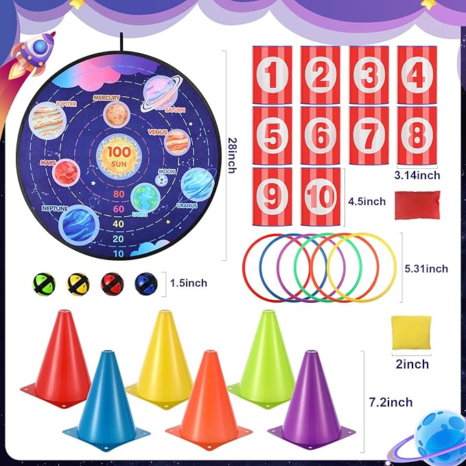 Hungdao 3 Sets Carnival Games Combo Set, Dart Board with Balls Plastic Cones Ring Bean Bags Toss Game for Boys Girls Adults Family Birthday Yard Indoor Outdoor