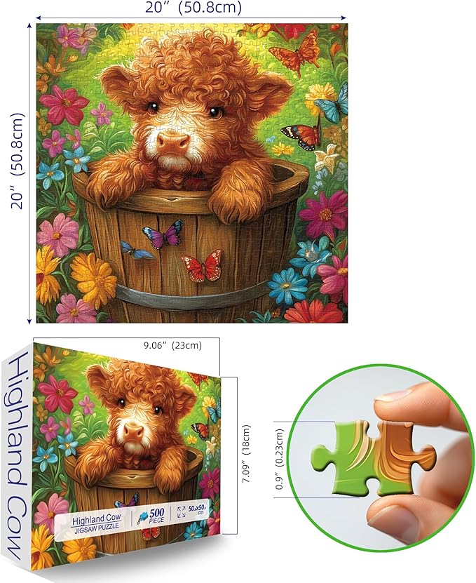 MINIWAN 500 Piece Puzzles for Adults - Cute Highland Cow Floral Butterfly Jigsaw Puzzle, Vibrant Nature Large Piece Art Puzzle for Relaxation & Home Decor 20x20 Inches