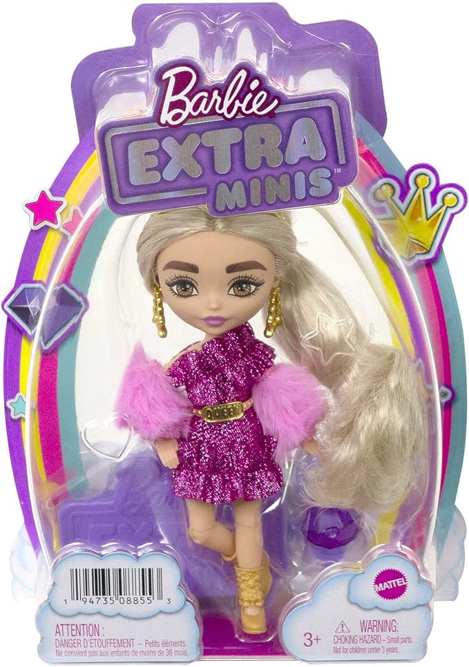 Barbie Extra Minis Doll & Accessories with Blonde Hair Wearing Shimmery Dress & Furry Shrug, 5.5-inch