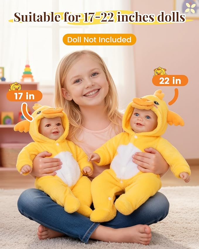 BABESIDE Reborn Baby Doll Clothes for 17-20 Inch Dolls Accessories,Cute Yellow Duck Baby Doll Clothes with Hat for Realistic Babydolls, Pretend Play Gift for Girls Boys Kids Birthday Christmas