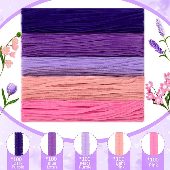 Peryiter 500 Pieces Pipe Cleaners Chenille Stems for Flowers Craft Supplies Bulk Fluffy Fuzzy Sticks for DIY Art Projects Creative Gift Wrapping Party Decorations (Dark Pink & Purple Flower,12 Inch)