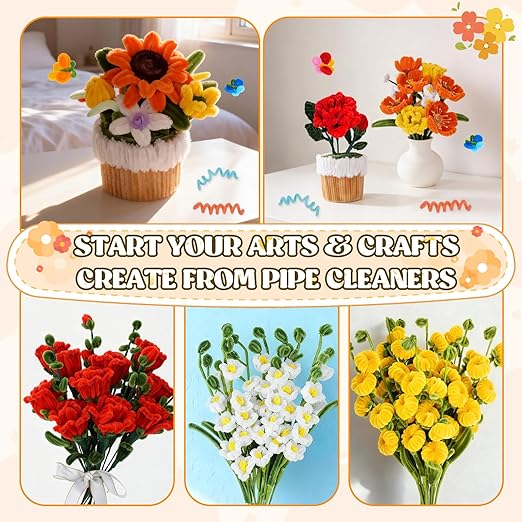 1000PCS Pipe Cleaners Flower Kit, Pipe Cleaner Bulk Craft Flower Making Kit with Instruction, 8 Colors Thick Chenille Stems for Arts DIY Craft Supplies with Greeting Card, Floral Wires, Tape, Stamen